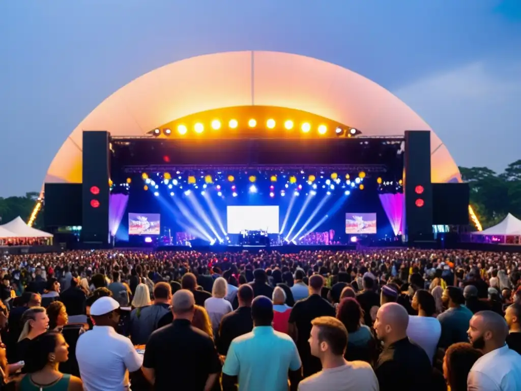 Concierto al aire libre vibrante con estrictas normativas seguridad eventos en vivo