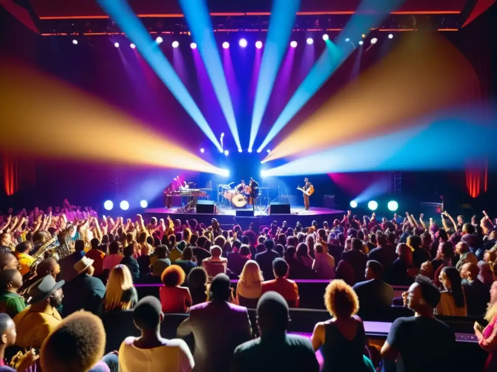 Concierto vibrante con músicos diversos tocando apasionadamente, iluminados por luces dinámicas