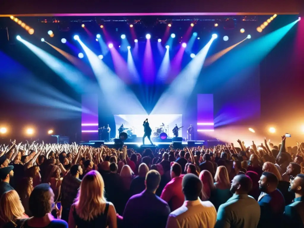 Concierto en vivo lleno de energía, fans animados y actuación musical vibrante en escenario iluminado