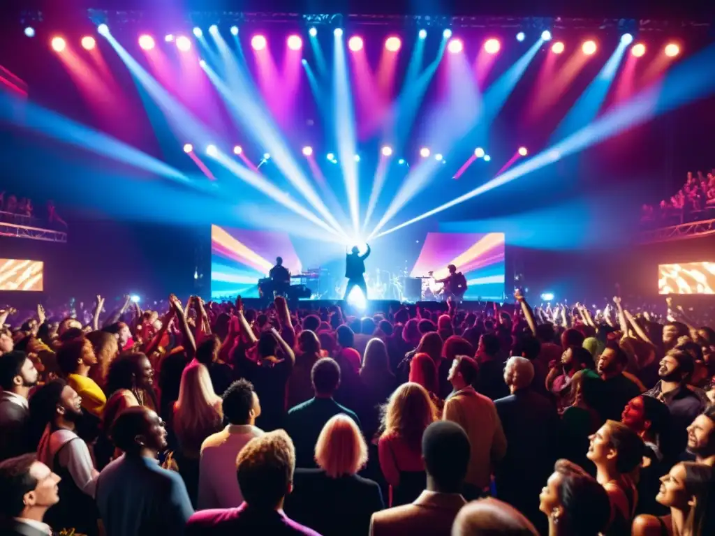 Concierto en vivo con luces brillantes y público emocionado