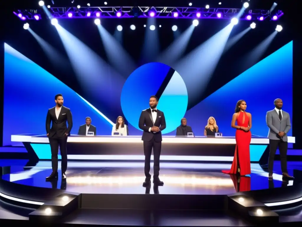 Concursantes y jueces en un escenario brillante durante una intensa competencia de televisión