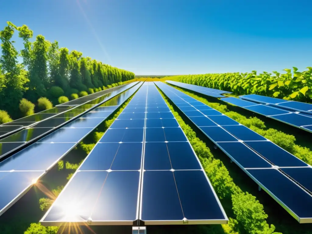 Un conjunto futurista de paneles solares reflejantes, integrados en el entorno natural, proyecta innovación y sostenibilidad en energías renovables