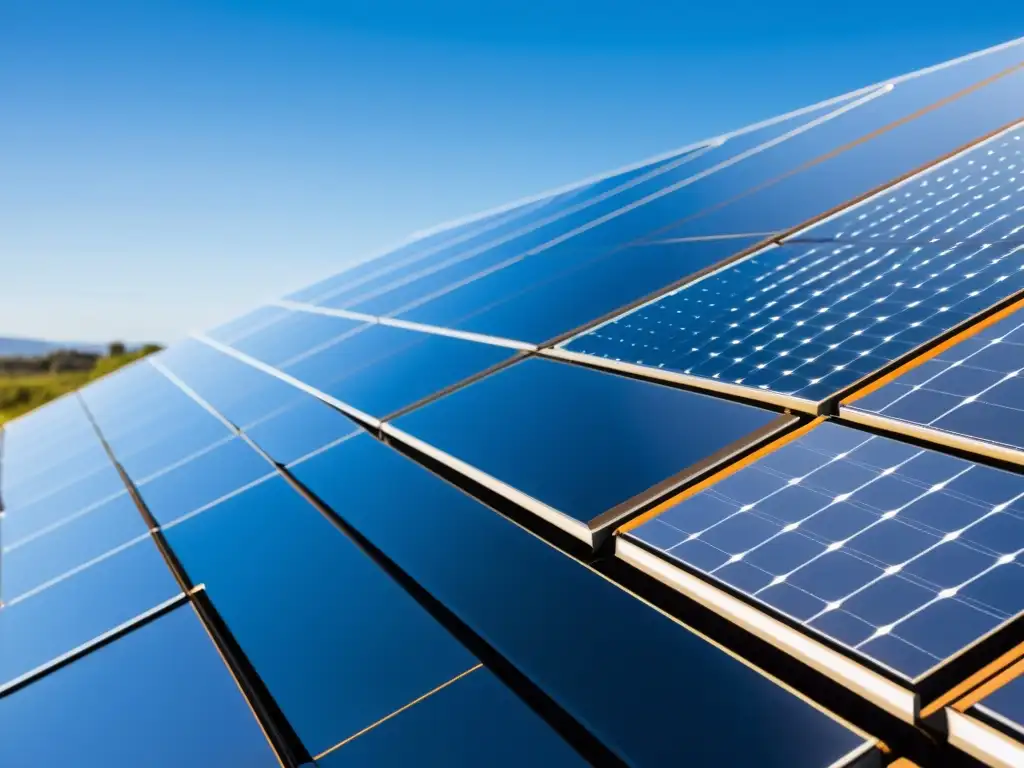Un conjunto futurista de paneles solares detallados en alta resolución, reflejando el sol en superficies metálicas bajo un cielo azul claro