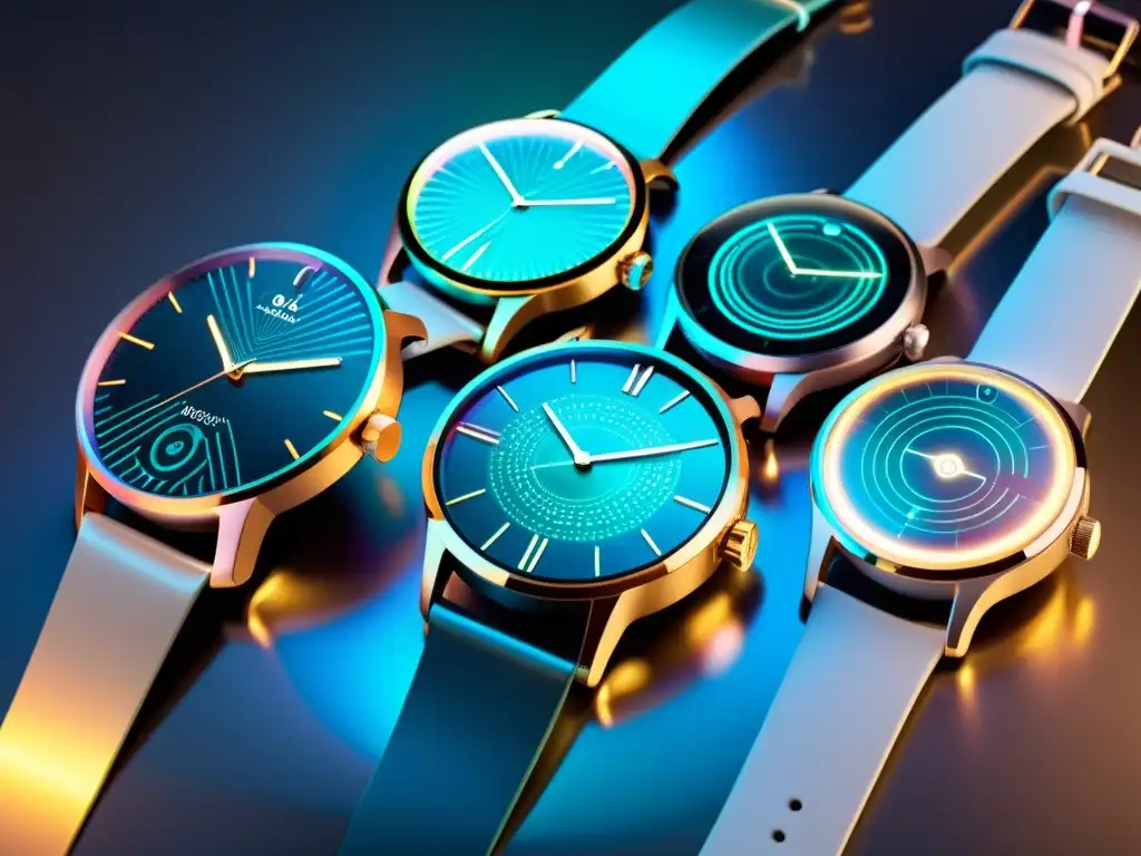 Un conjunto de relojes inteligentes futuristas muestra hologramas intrincados y diseño metálico, rodeados de un suave resplandor etéreo