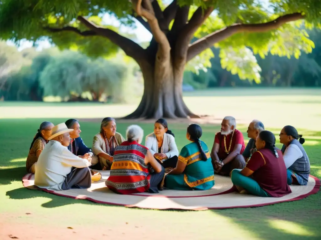 Consejo tradicional de ancianos bajo un árbol, compartiendo sabiduría y protegiendo el conocimiento ancestral