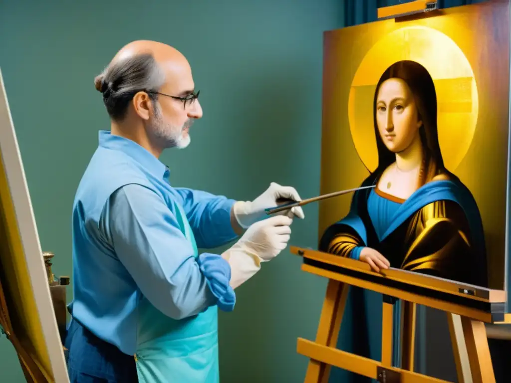 Un conservador restaura una pintura antigua en un estudio moderno, mostrando la dedicación en la restauración de obras de arte