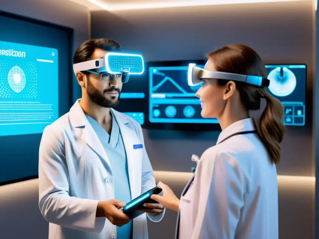 Una consulta de telemedicina futurista con médico y paciente intercambiando información médica en una interfaz holográfica