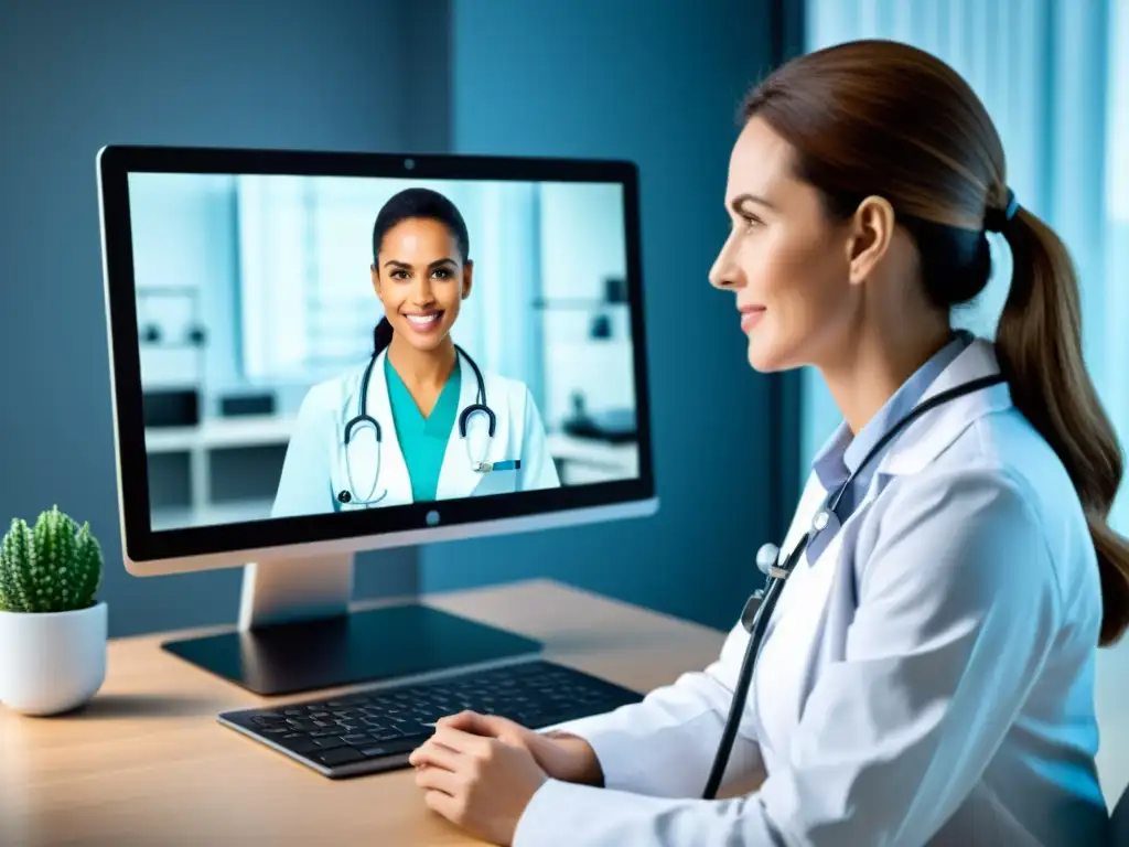 Una consulta de telemedicina moderna en 8k, destacando la integración de tecnología avanzada y una estética profesional