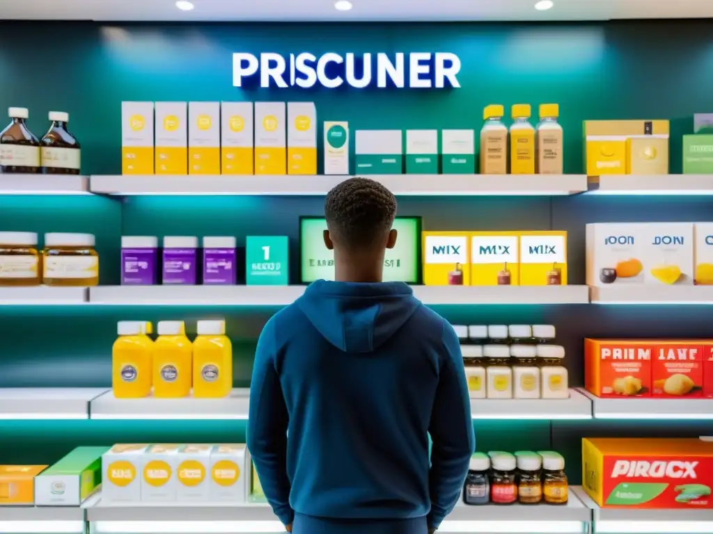 Un consumidor reflexivo examina marcas en un display, mostrando el efecto primacía y recencia marcas en su decisión