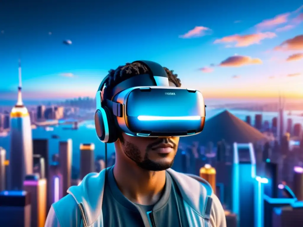 Monetización de contenidos inmersivos en realidad virtual: un headset en el aire emite un brillo etéreo, rodeado de una vibrante ciudad futurista