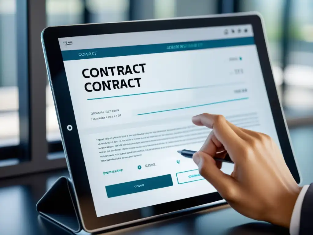 Un contrato digital se firma en una tableta moderna en una oficina futurista