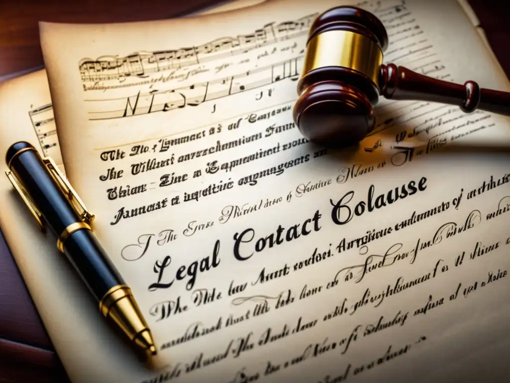 Un contrato legal detallado con notas musicales y elementos de la ley, iluminado dramáticamente