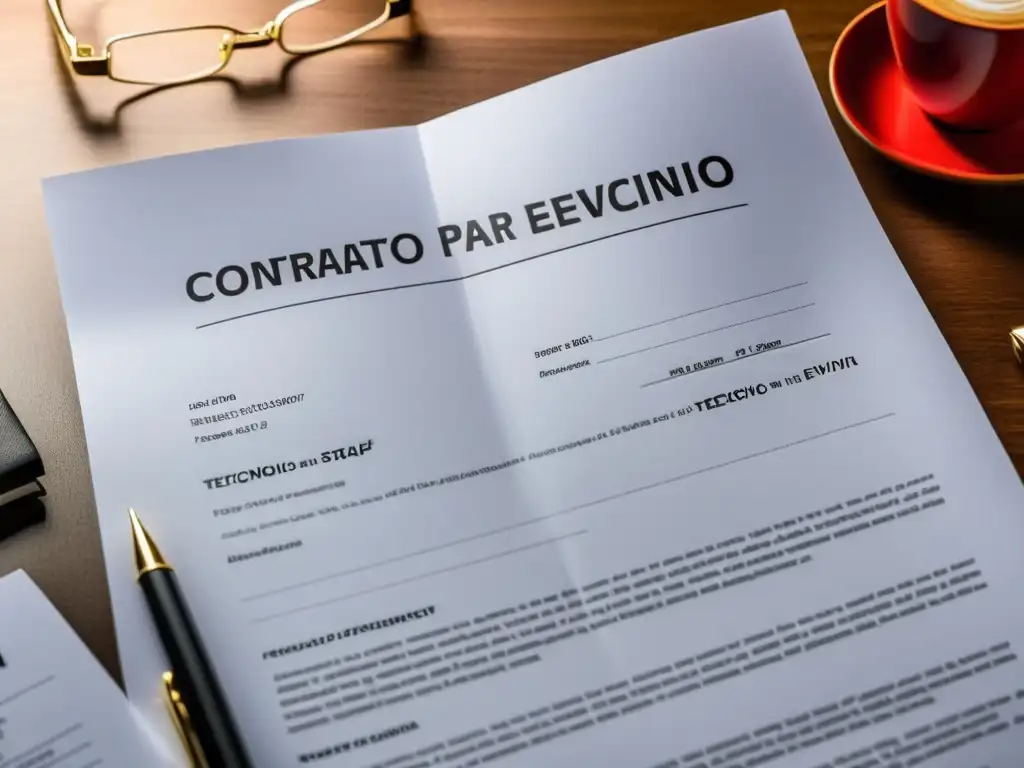 Un contrato legal para staff técnico en eventos en vivo, con un diseño profesional que transmite autoridad y expertise