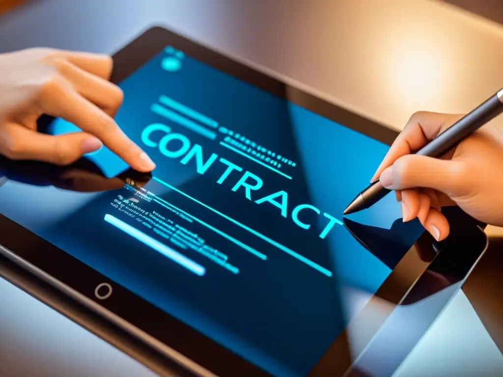 Contratos clave éxito comercio electrónico: Firma digital en moderna tableta futurista con términos legales de alta resolución