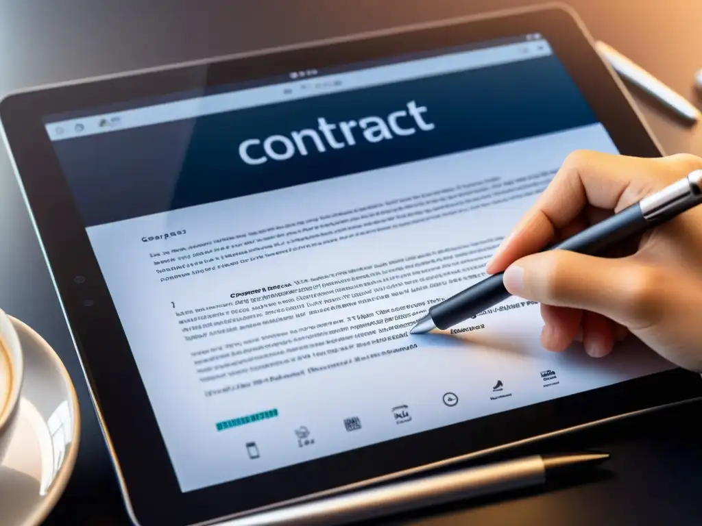 Contratos clave éxito comercio electrónico: Firma digital de contrato en tablet, con detalles visibles y ambiente profesional y tecnológico