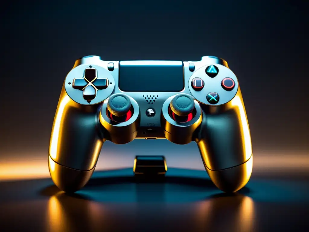 Un control de videojuegos con diseño moderno y botones intrincados, iluminado dramáticamente en un fondo oscuro