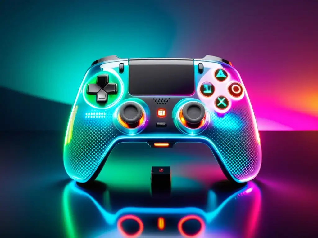 Controlador de videojuegos futurista con luces LED vibrantes sobre superficie brillante, conectado a dispositivo de streaming de alta tecnología