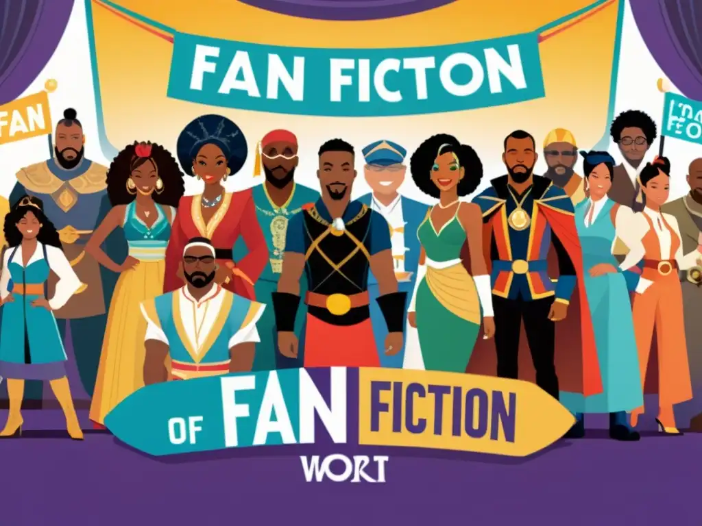 Convención de Fan Fiction y Derecho de Autor: Diversidad y creatividad en trajes vibrantes, interacciones dinámicas y comunidad apasionada
