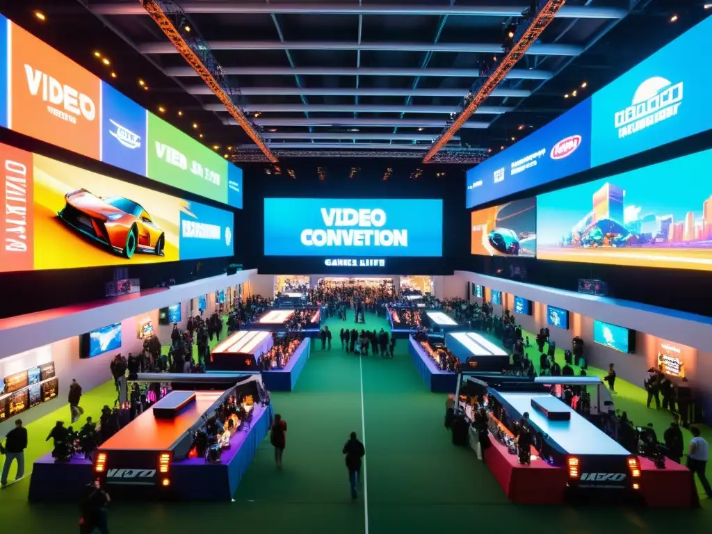 Convención de videojuegos vibrante con demostraciones y discusiones animadas, destacando la protección propiedad intelectual videojuegos
