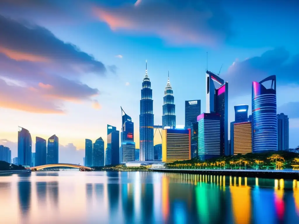 Convergencia de leyes de propiedad intelectual ASEAN en vibrante skyline de rascacielos iluminados al atardecer, simbolizando progreso e innovación