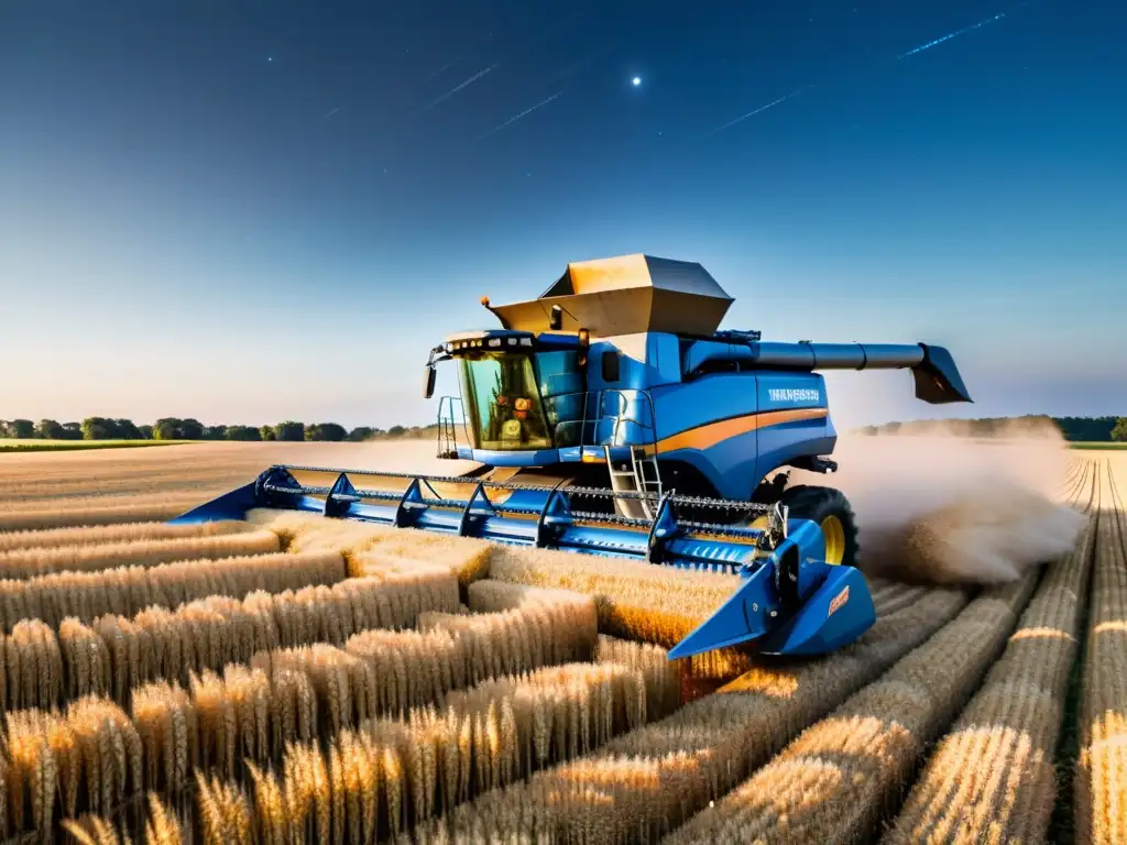 Una cosechadora futurista en un campo de trigo dorado al atardecer, evocando innovación y tecnología avanzada en maquinaria agrícola