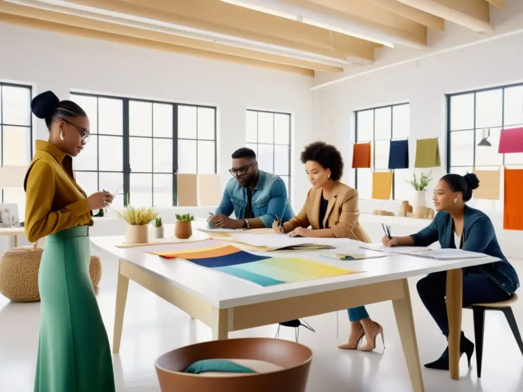 Creación colaborativa de moda sostenible en un estudio luminoso, lleno de diseño y creatividad