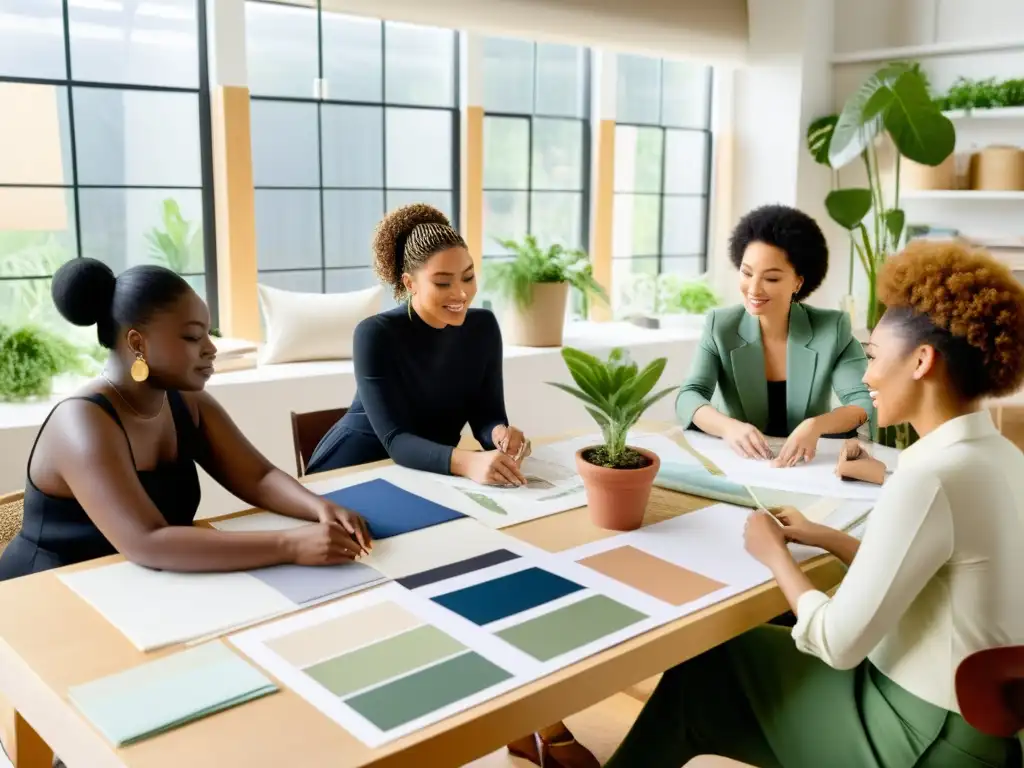 Creación colaborativa de moda sostenible: diseñadores en mesa llena de materiales, luz natural y plantas