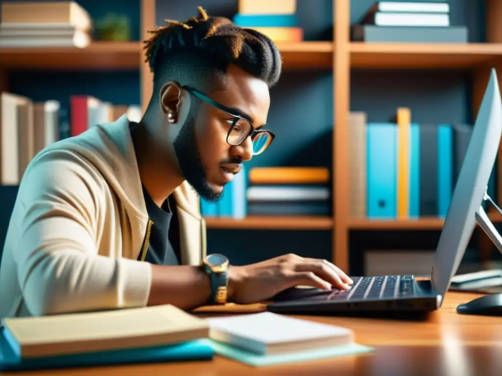 Un creador de contenido apasionado editando su trabajo rodeado de libros y materiales creativos, con luz cálida y una expresión determinada