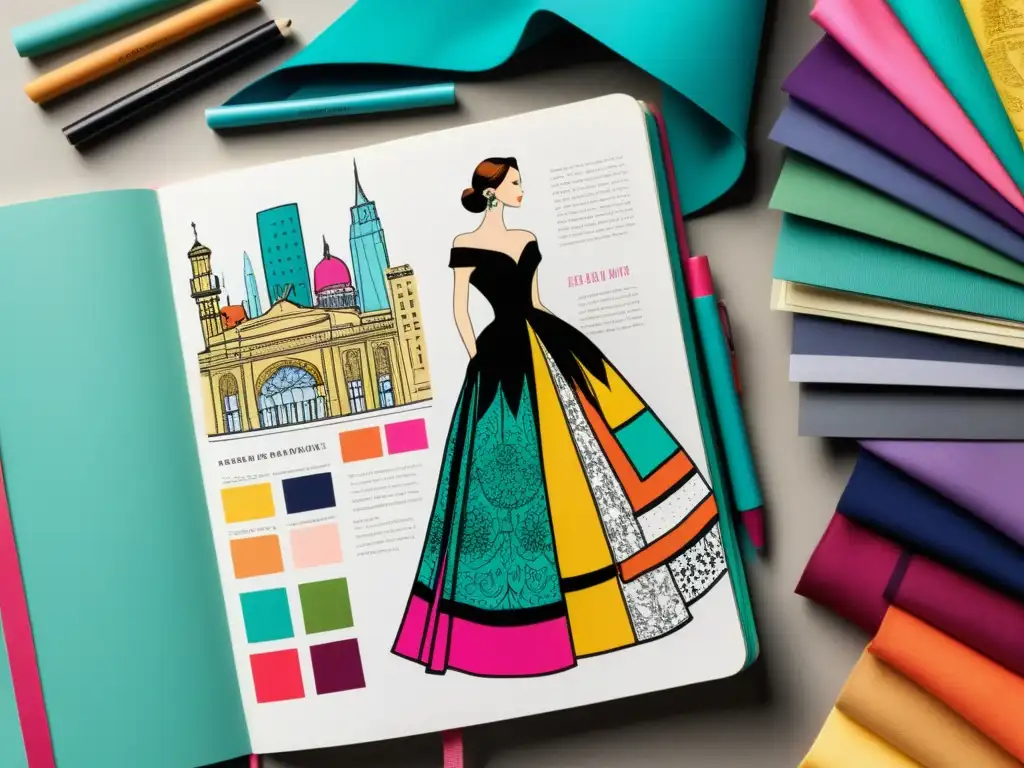 Un cuaderno de bocetos de moda lleno de diseños intrincados y muestras de tela, con un fondo de una bulliciosa calle de la ciudad y personas a la moda