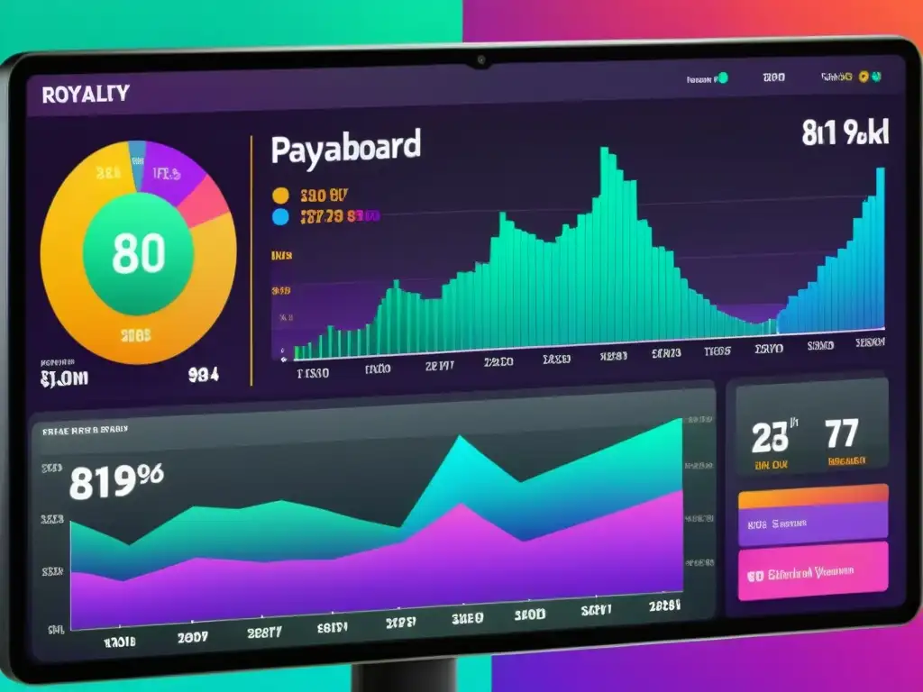 Un cuadro de mando digital muestra datos en tiempo real y visualizaciones interactivas sobre Royalties en la Industria del Entretenimiento
