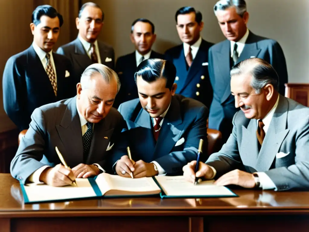 Delegados internacionales firmando el acuerdo GATT en 1947 con una pluma antigua, capturando el legado del GATT en propiedad intelectual