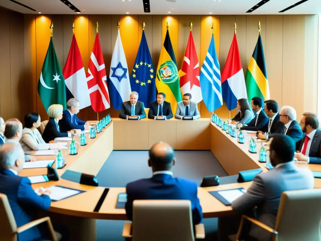 Delegados internacionales en intensas negociaciones en sala de conferencias OMPI papel litigios marcas internacionales