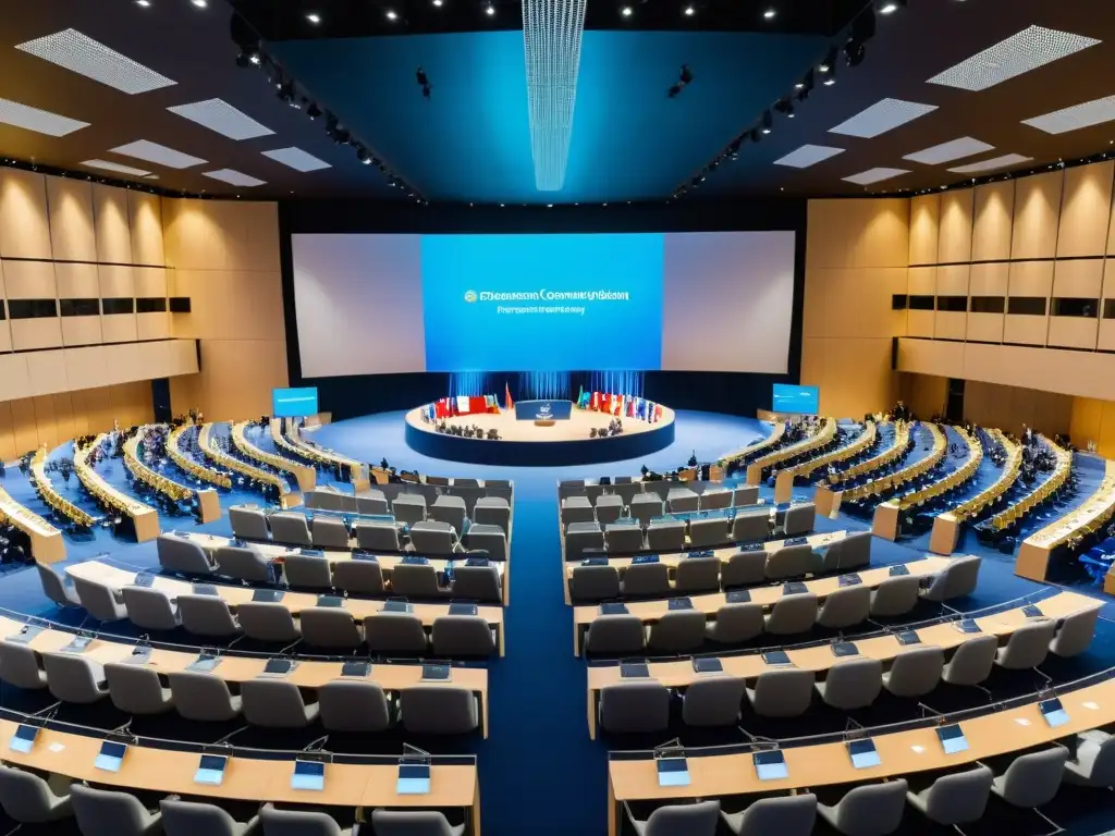 Delegados de diferentes países discuten la protección propiedad intelectual en un moderno centro de convenciones internacional