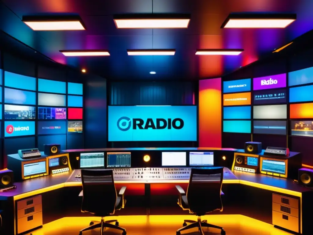 Derecho de autor en radiodifusión: Estudio de radio moderno con locutores en acción, tecnología y ambiente creativo