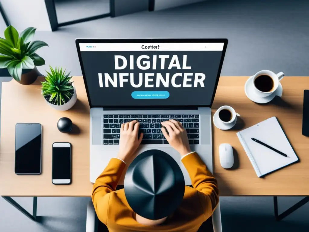 Derecho de autor para influencers: Imagen de un influencer digital creando contenido en un elegante y moderno espacio de trabajo digital