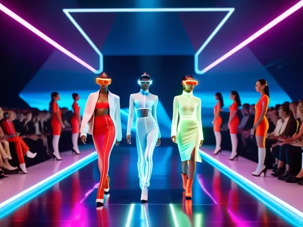 Derecho de autor en moda digital: Desfile de moda virtual futurista con modelos digitales y espectadores en un entorno vibrante y moderno