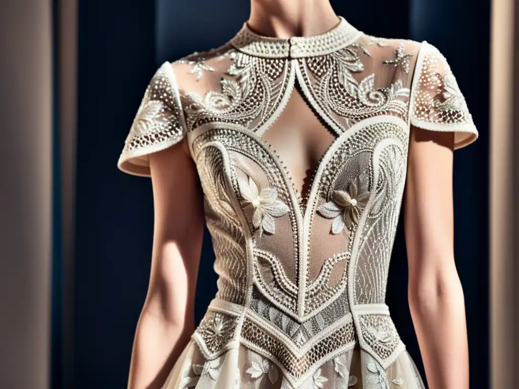 Derecho de autor en diseño de moda: Elegante vestido de alta costura con detalles de encaje y bordados a mano, en un escenario de estudio minimalista