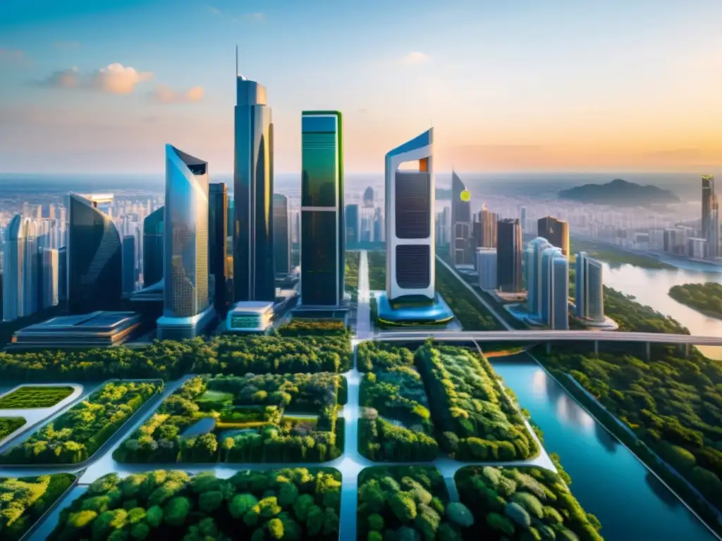 Derecho de la competencia en IA: Ciudad futurista con rascacielos tecnológicos y naturaleza, simbolizando innovación y sostenibilidad