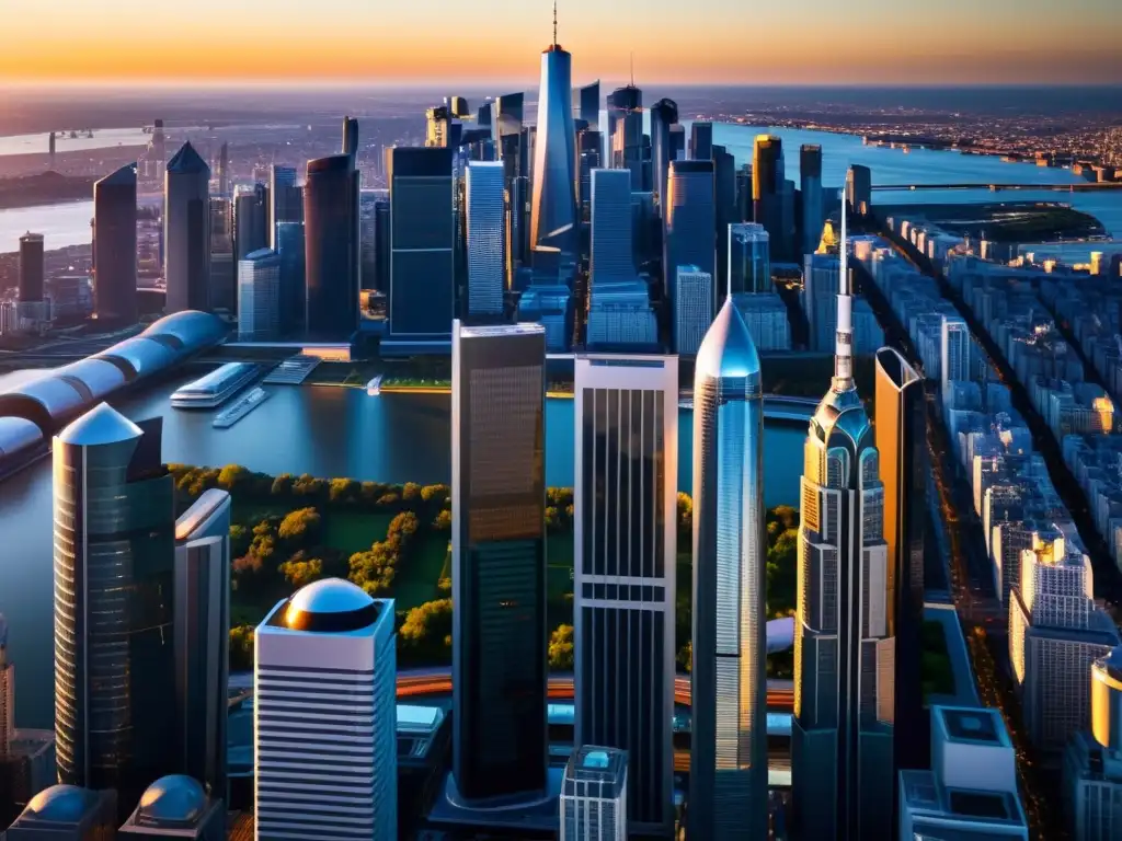 Derecho de la competencia en IA: Una ciudad futurista con imponentes rascacielos de vidrio bañados por la cálida luz del atardecer
