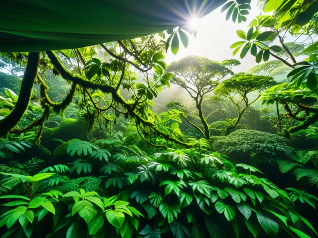 Derecho de marcas para desarrollos ecológicos: Impresionante dosel de selva tropical, resaltando su biodiversidad y belleza natural