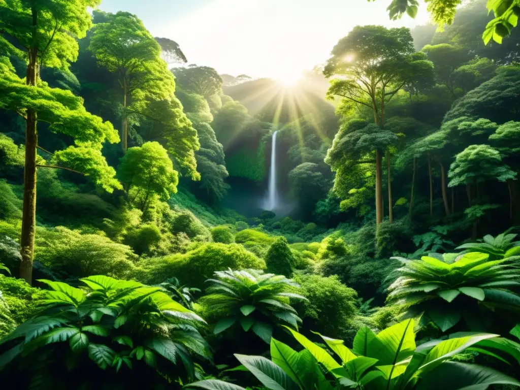 Derecho de marcas para desarrollos ecológicos: Bosque exuberante y vibrante, con luz solar filtrándose entre las hojas, resaltando la rica diversidad de plantas y vida silvestre