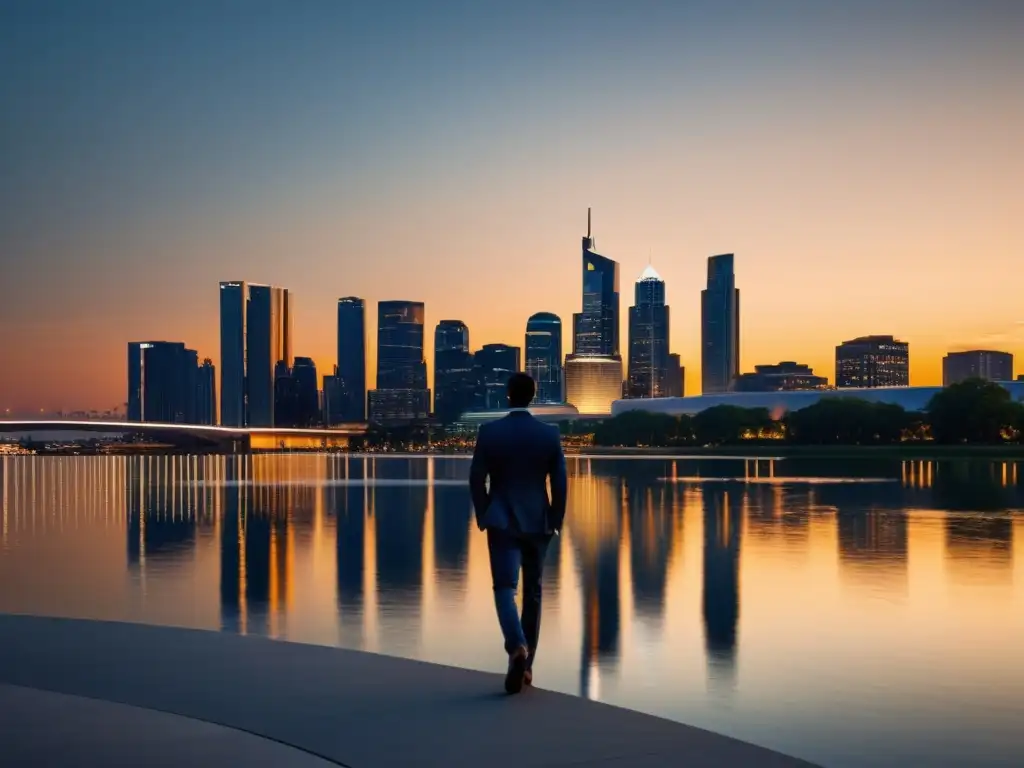 Derecho al olvido en Internet: una impresionante ciudad moderna con luces cálidas reflejadas en el río al atardecer