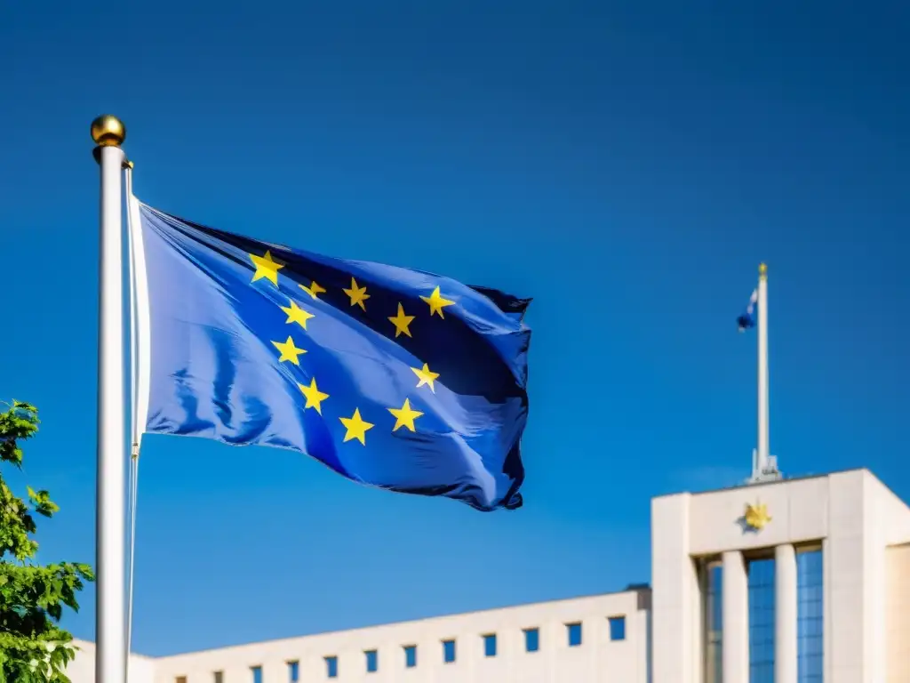 Derecho de propiedad intelectual en la UE: La bandera de la Unión Europea ondea frente al Tribunal de Justicia, evocando autoridad y significado