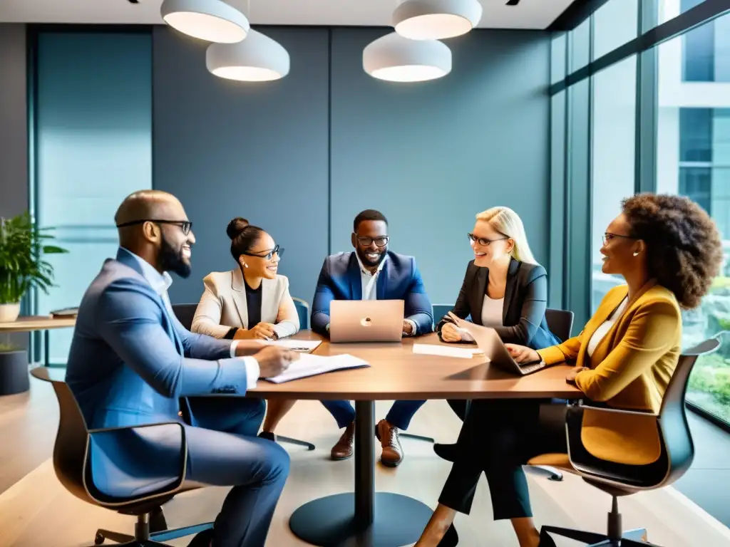 Derecho de propiedad intelectual para emprendedores: Grupo de emprendedores diversos colaborando en una mesa con papeles, laptops y tablets, en una atmósfera profesional y colaborativa de intercambio de ideas