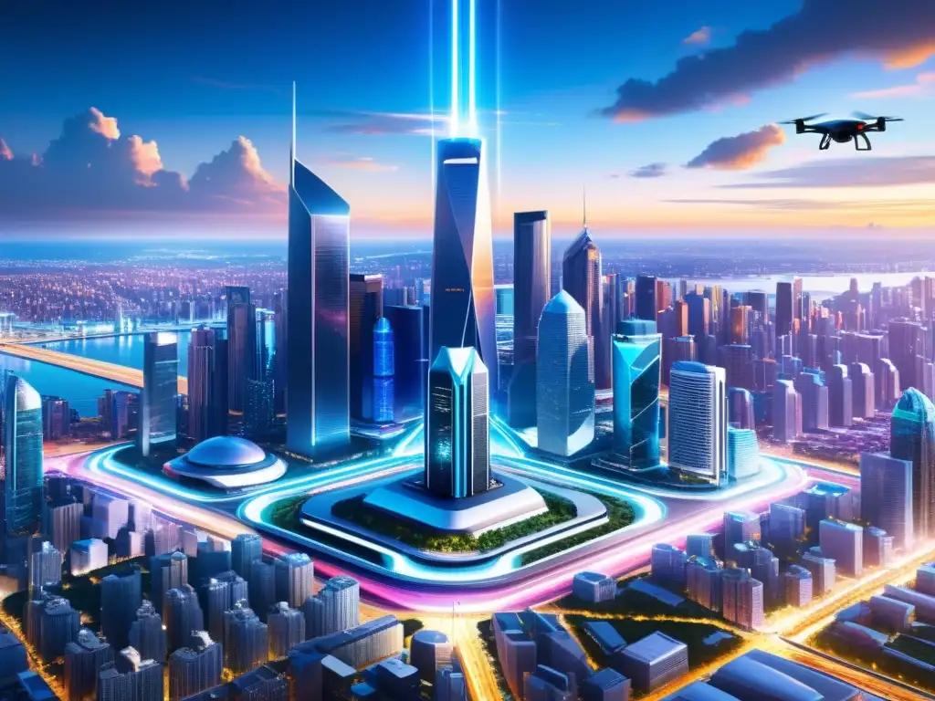 Derecho de propiedad intelectual en la UE: Visión futurista de una ciudad innovadora, con rascacielos avanzados, hologramas y vehículos voladores