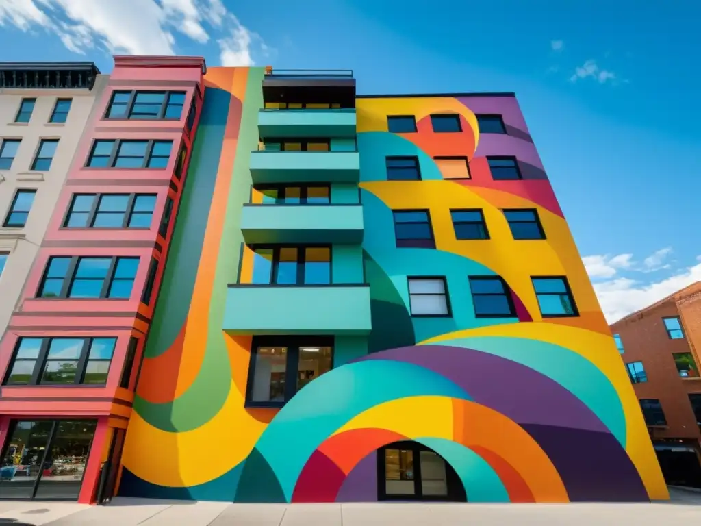 Derecho de propiedad intelectual urbano: Mural vibrante y moderno en la ciudad, con formas abstractas y colores llamativos que cobran vida