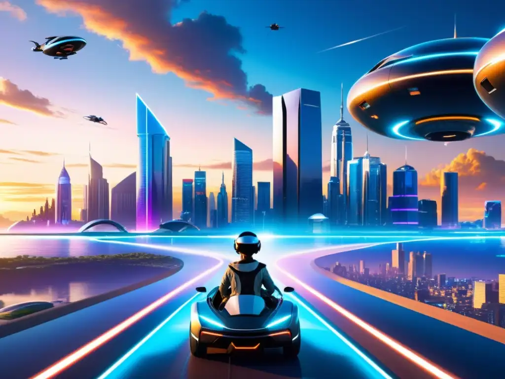 Derecho de propiedad intelectual en videojuegos: Paisaje futurista de realidad virtual con rascacielos metálicos y caminos luminosos