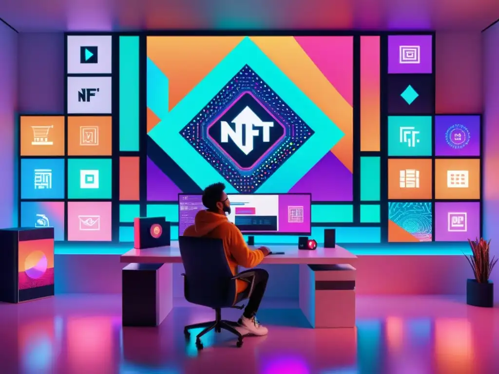 Derecho de seguimiento en NFTs: Artista digital crea NFT en estudio minimalista con tecnología de vanguardia y arte vibrante