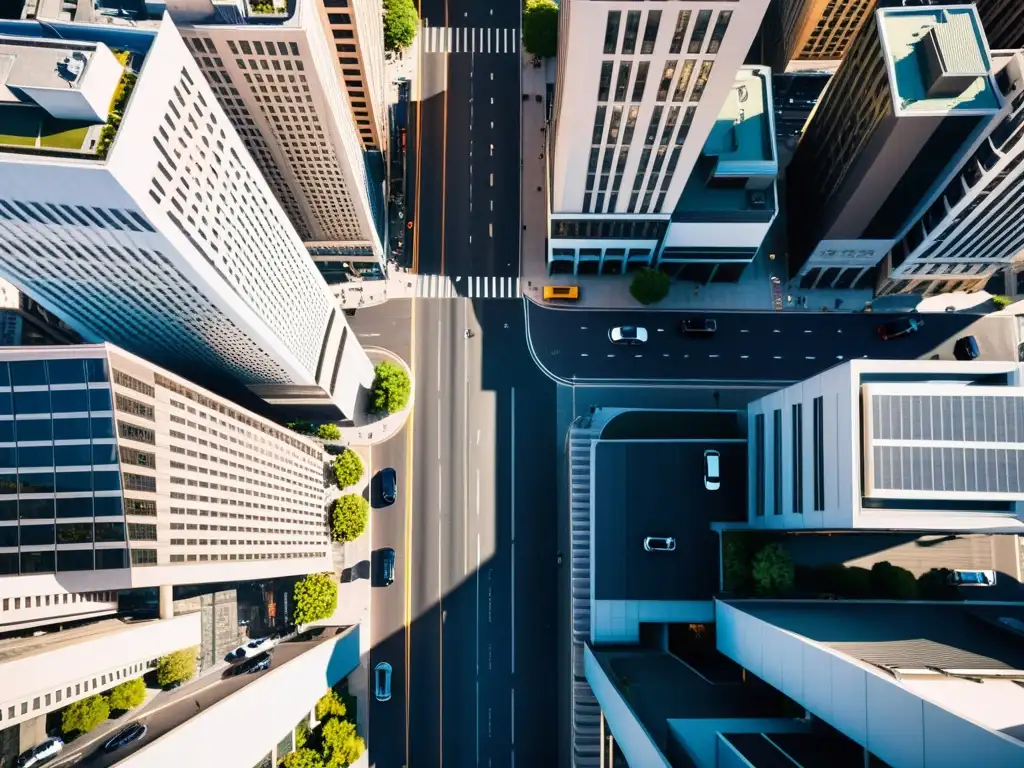 Derechos de autor fotografía aérea: Vista aérea de una ciudad vibrante con rascacielos y calles concurridas, bañada por la luz del sol con sombras dramáticas