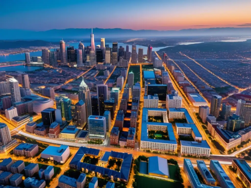 Derechos de autor fotografía aérea: Impactante ciudad iluminada al anochecer, con luces resplandecientes que realzan el paisaje urbano y natural